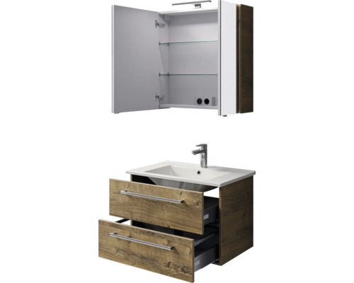 Waschtisch mit zwei Schubladen und Spiegelschrank mit offenen Türen und Glasablagen