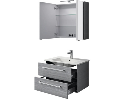 Waschtischunterschrank mit zwei Schubladen, Waschbecken und Spiegelschrank mit zwei Glasböden