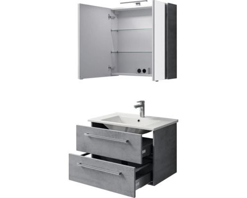 Waschtischunterschrank mit Waschbecken und Spiegelschrank mit offenen Türen und Glasböden für Badezimmer