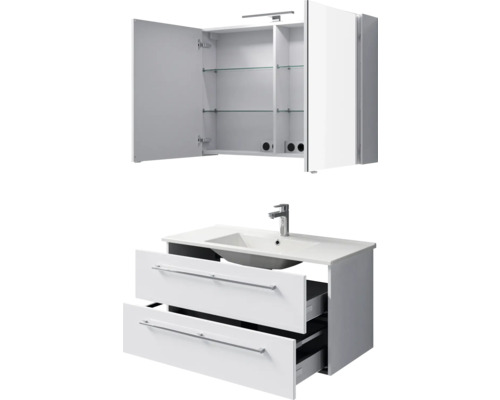 Meuble sous-lavabo avec deux tiroirs et armoire de toilette avec portes ouvertes et étagères en verre pour la salle de bains.