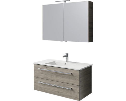 Waschtischkombination mit Waschbecken, Unterschrank mit zwei Schubladen und Spiegelschrank mit Beleuchtung