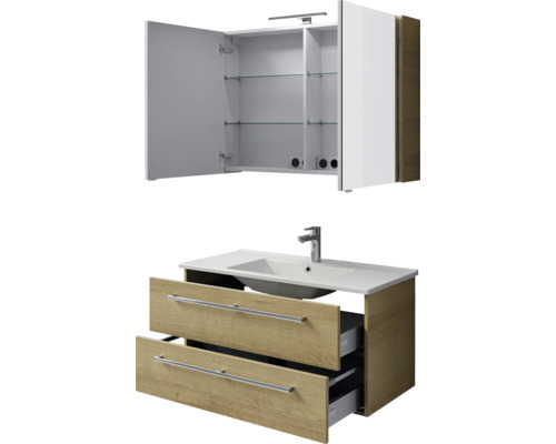 Badezimmermöbel Set mit Waschbeckenunterschrank, Waschbecken und Spiegelschrank