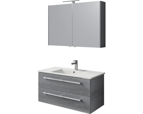 Ensemble de salle de bains avec meuble sous-lavabo, lavabo et armoire de toilette avec éclairage