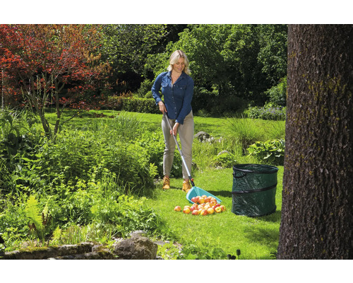 Frau sammelt Äpfel mit einem Obstpflücker in einem Garten