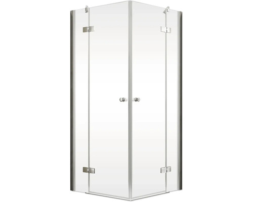 Douche d''angle avec deux portes pivotantes en verre