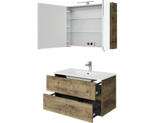 Waschtisch mit zwei Schubladen und Spiegelschrank mit geöffneter Tür und Regalböden
