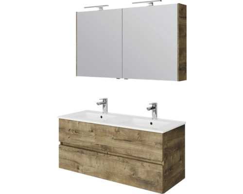 Waschtischkombination mit Spiegel, zwei Waschbecken und Holzdekor