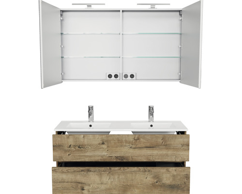 Badmöbelset mit Spiegelschrank, Waschbeckenunterschrank mit zwei Waschbecken und zwei Schubladen