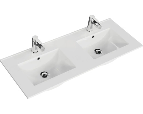 Waschtisch mit zwei Waschbecken und Armaturen