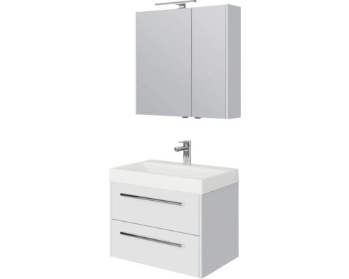 Waschtischunterschrank mit zwei Schubladen, Aufsatzwaschbecken und Spiegelschrank mit Beleuchtung für das Badezimmer