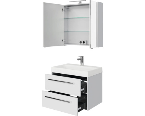 Badezimmerset bestehend aus Waschtischunterschrank mit zwei Schubladen und Spiegelschrank mit offenen Türen und Glasablagen