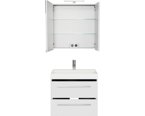 Weisser Waschtisch mit Spiegelschrank fürs Badezimmer