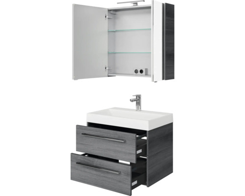 Badezimmer Waschtisch mit zwei Schubladen und Spiegelschrank mit geöffneter Tür und Regalen