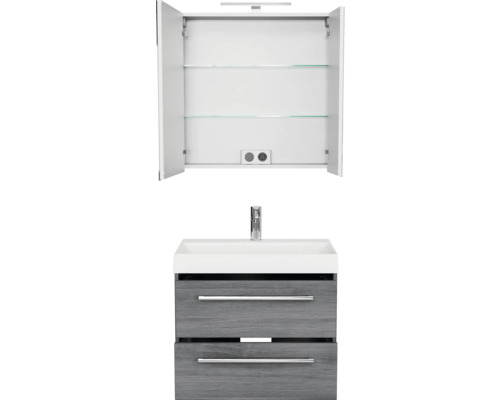 Waschtischkombination mit Spiegelschrank, Waschtisch, Armatur und zwei Schubladen