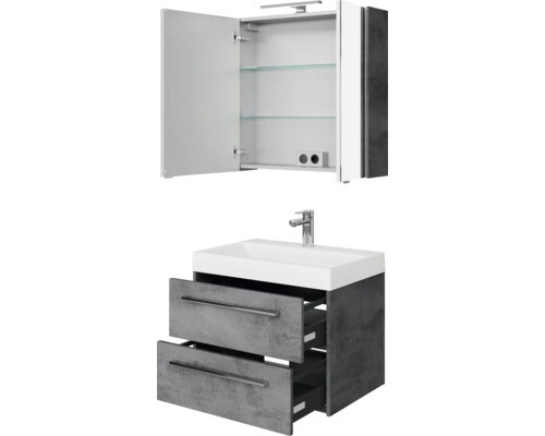 Waschtisch mit zwei Schubladen, Aufsatzwaschbecken und Spiegelschrank mit geöffneter Tür
