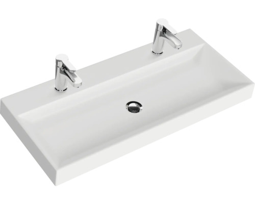 Rechteckiger Waschtisch aus Keramik mit zwei Armaturen