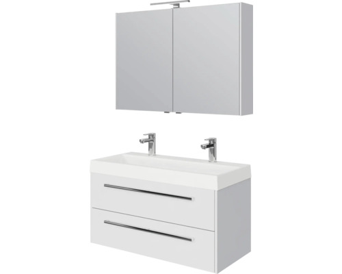 Waschbeckenunterschrank mit zwei Schubladen und Spiegelschrank inklusive Beleuchtung für das Badezimmer