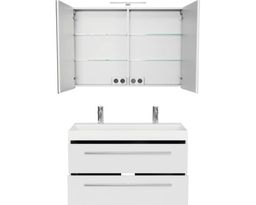 Weisser Doppelwaschtisch mit Unterschrank und Spiegelschrank mit geöffneten Türen