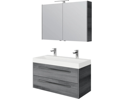 Badmöbelset mit Spiegelschrank, Waschbeckenunterschrank mit zwei Schubladen und zwei Waschbecken