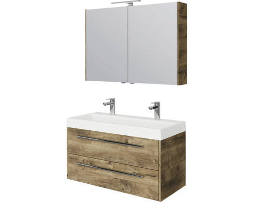 Badezimmerset mit Doppelwaschtisch, Unterschrank mit zwei Schubladen und Spiegelschrank mit Beleuchtung
