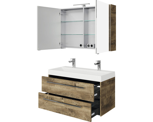 Waschtischunterschrank mit Waschbecken und Spiegelschrank mit offenen Türen und Glasablagen