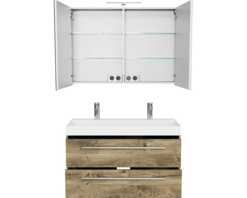 Waschtisch mit zwei Schubladen, Waschbecken und Spiegelschrank mit geöffneten Türen
