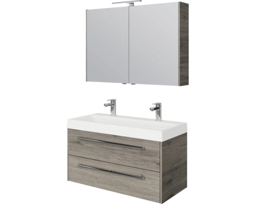 Badezimmerset mit Doppelwaschtisch, Unterschrank mit zwei Schubladen und Spiegelschrank mit Beleuchtung