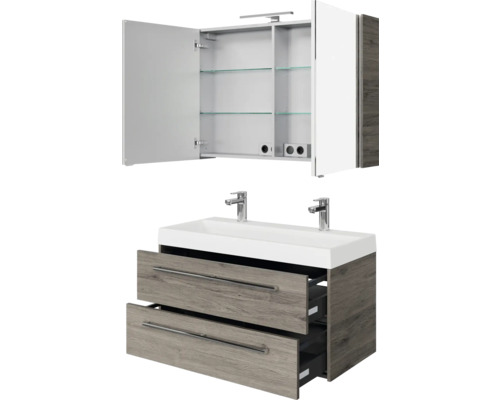 Badezimmerset mit Spiegelschrank, Waschbecken und Unterschrank mit Schubladen
