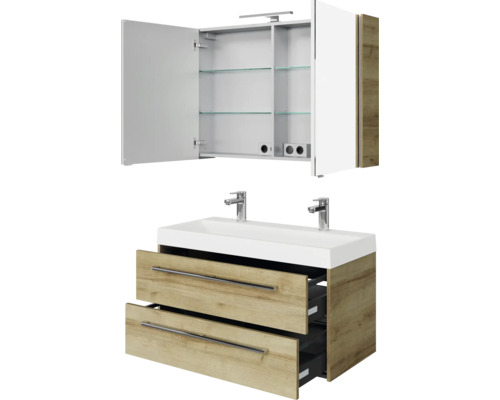 Badezimmermöbel Set mit Spiegelschrank, Waschbecken und Unterschrank mit Schubladen