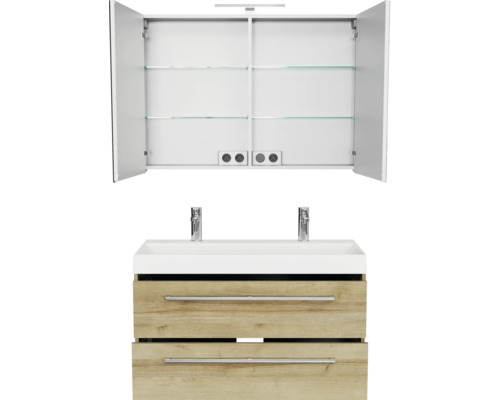 Waschtisch mit zwei Waschbecken, zwei Schubladen und Spiegelschrank mit offenen Türen und Regalböden.