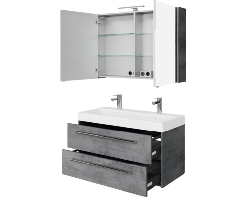 Waschtisch mit Waschbecken, Unterschrank mit Schubladen und Spiegelschrank mit offenen Türen und Glasböden