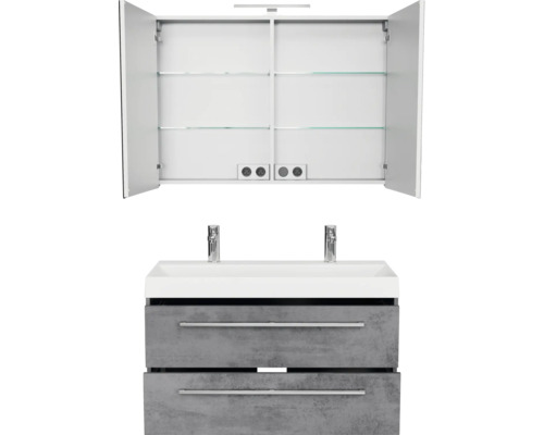 Waschtisch mit zwei Schubladen und Spiegelschrank mit zwei Türen und Innenregalen aus Glas