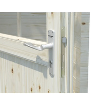 Gros plan d''une porte en bois avec poignée et serrure argentées