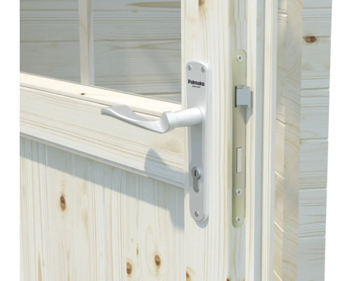 Gros plan d''une porte en bois avec poignée et serrure argentées