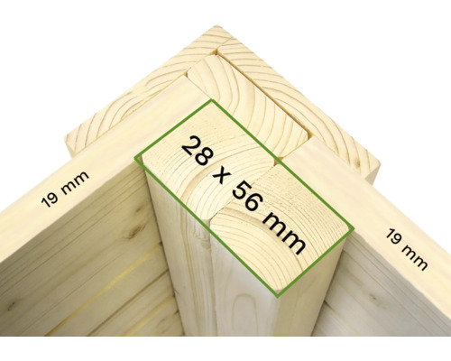 Vue détaillée d''une construction en bois avec des dimensions de 28 x 56 millimètres et 19 millimètres.