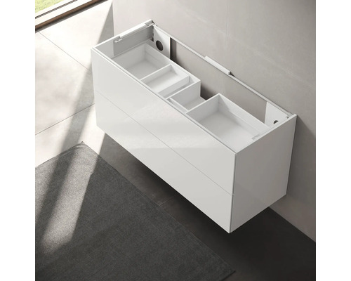 Weisser Waschtischunterschrank mit zwei Schubladen und offenen Fächern für Badezimmer