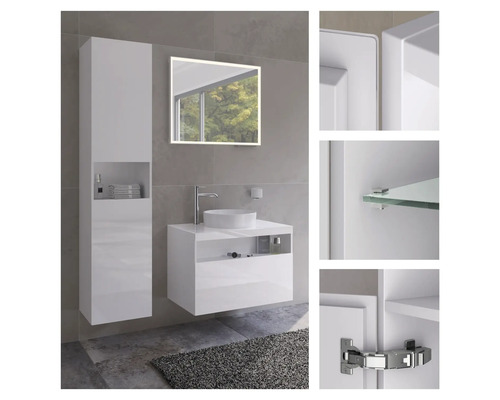 Modernes Badezimmer-Set mit Waschbecken, Spiegelschrank und Hochschrank