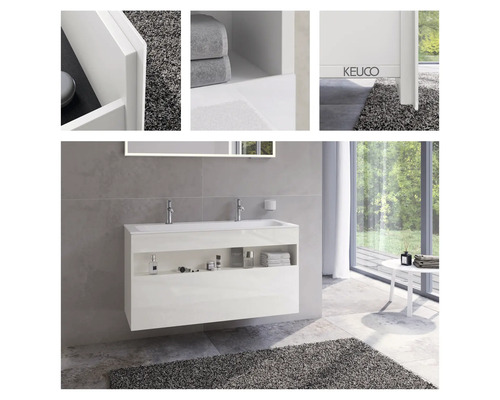 Salle de bain moderne avec meuble sous-lavabo blanc et étagère