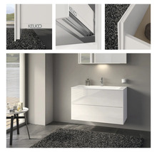 Modernes Badezimmer mit weißem Waschtischunterschrank und Keuco Logo