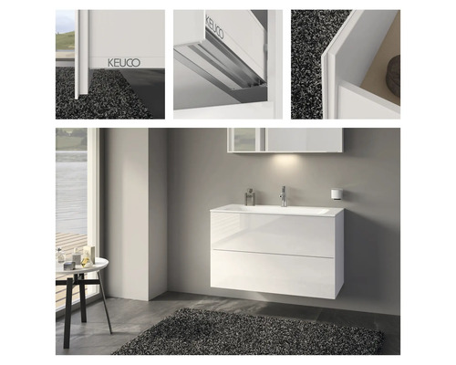 Salle de bains moderne avec meuble sous-vasque blanc et logo Keuco