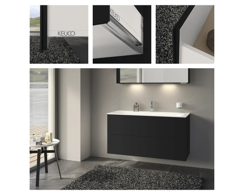 Salle de bains moderne avec meuble sous-lavabo noir, lavabo à poser blanc et miroir