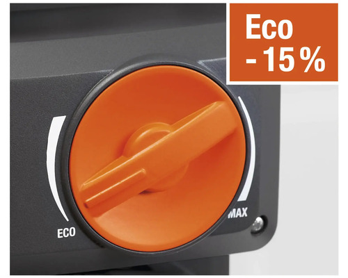 Detailaufnahme eines Drehreglers für ein Gartengerät mit der Aufschrift Eco -15 Prozent.