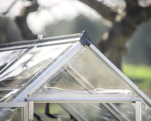 Gros plan d''une serre avec cadre en métal et vitrage transparent.