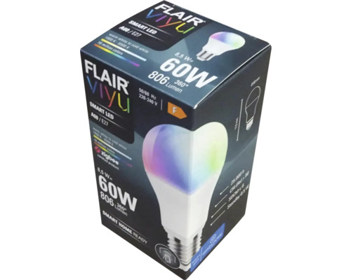 Ampoule LED FLAIR Viyu à intensité lumineuse variable A60 E27/8,5W(60W) 806 lm 1800-6500 K + changement de couleur RGBW - compatible avec SMART HOME by hornbach