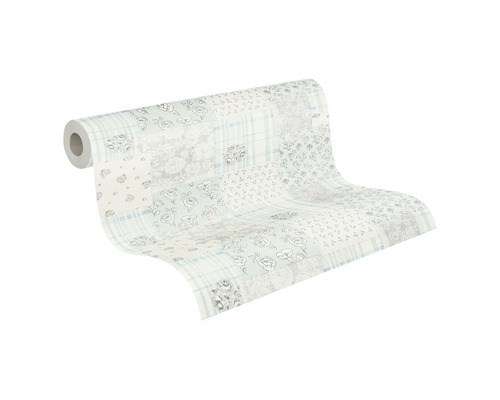 Tapetenrolle mit Patchworkmuster und floralen Motiven