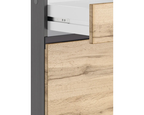 Vue détaillée d''une armoire de salle de bains avec un tiroir aspect bois