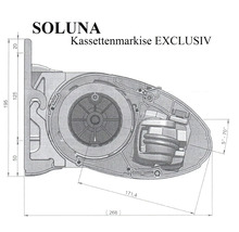 Dessin technique d''un store cassette Soluna Exclusiv avec dimensions