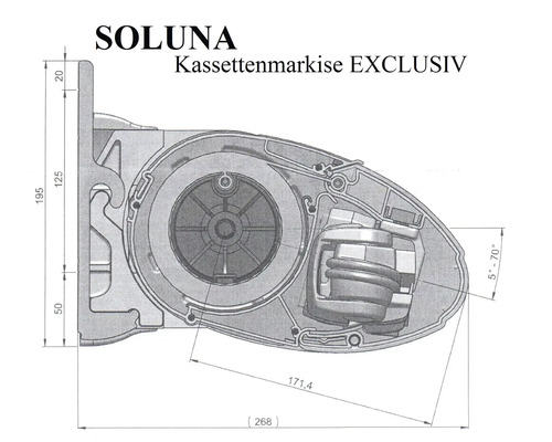 Dessin technique d''un store cassette Soluna Exclusiv avec dimensions