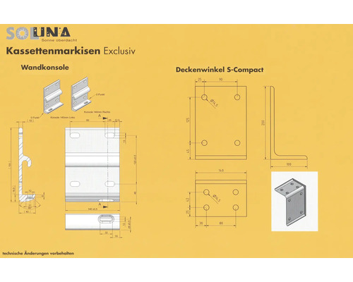 Technische Zeichnung von Wandkonsole und Deckenwinkel S-Compact für Kassettenmarkisen