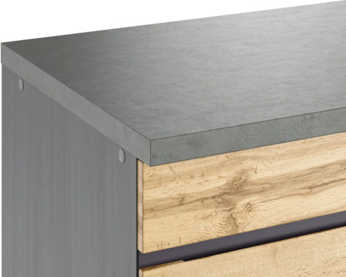 Gros plan d''un meuble sous-lavabo avec plan de travail gris et façade en bois